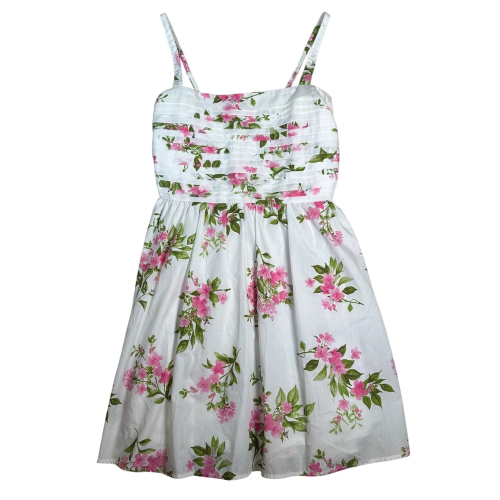 Cottagecore Coquette White Pink Floral Sundress Smocked Back Pintuck Medium